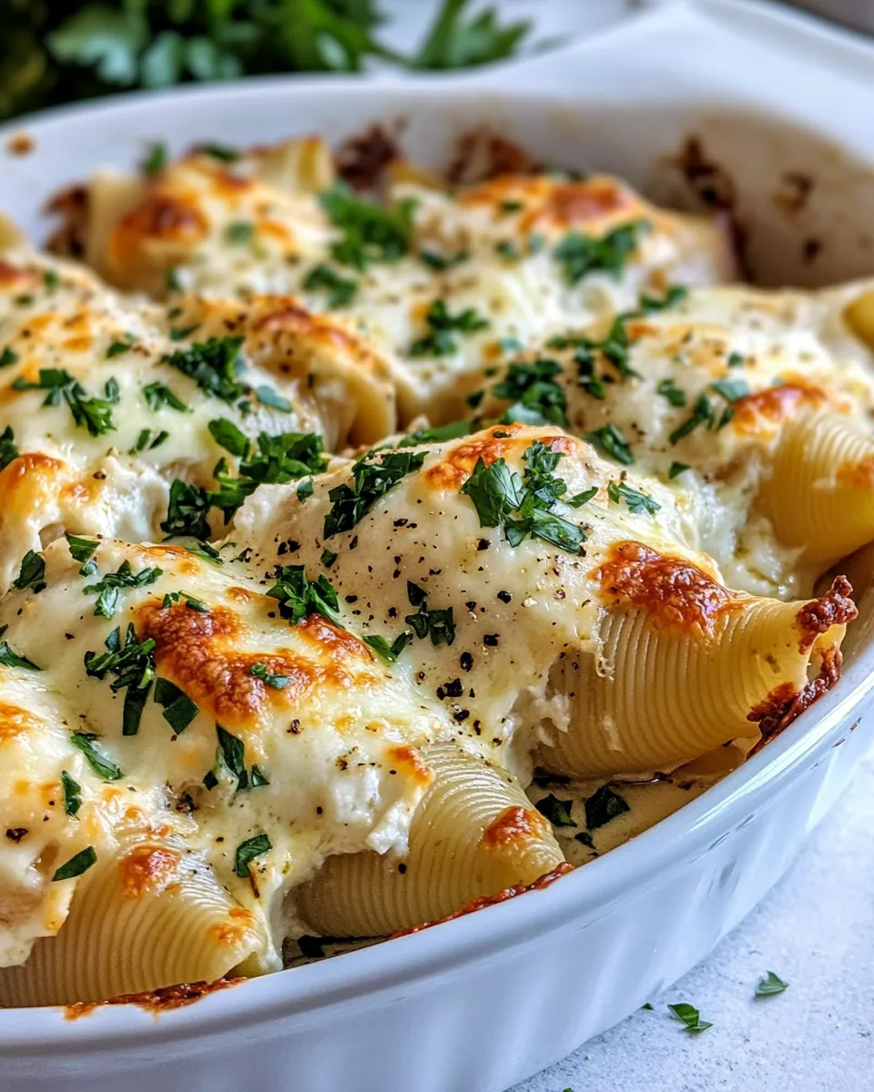 Classic Homemade Chicken Alfredo Stuffed Shells food shot