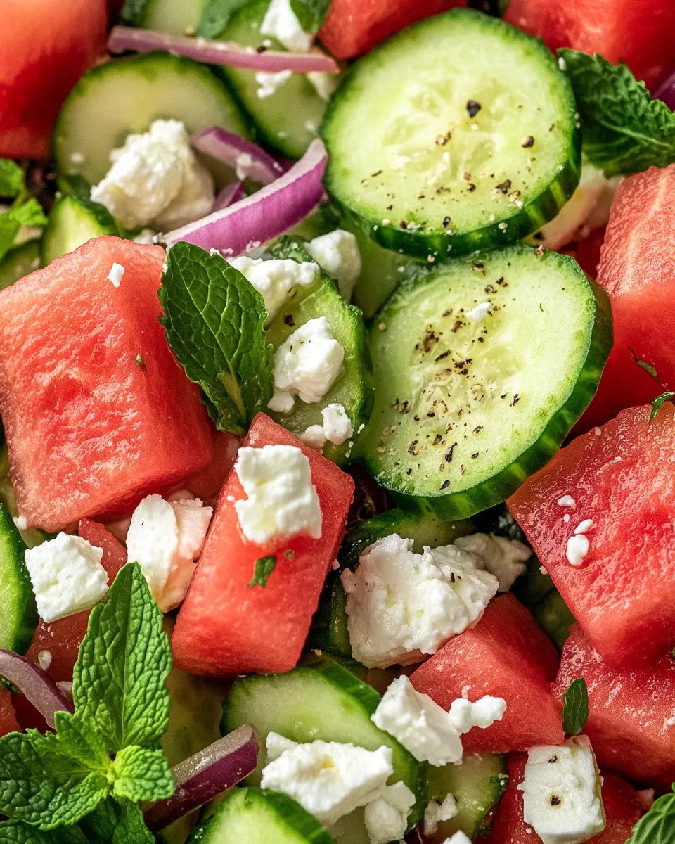 Easy Quick Watermelon Cucumber Feta Salad food shot