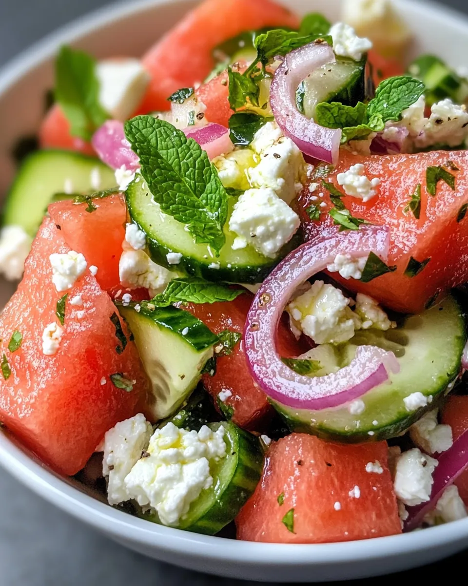 Delicious Quick Watermelon Cucumber Feta Salad plate image