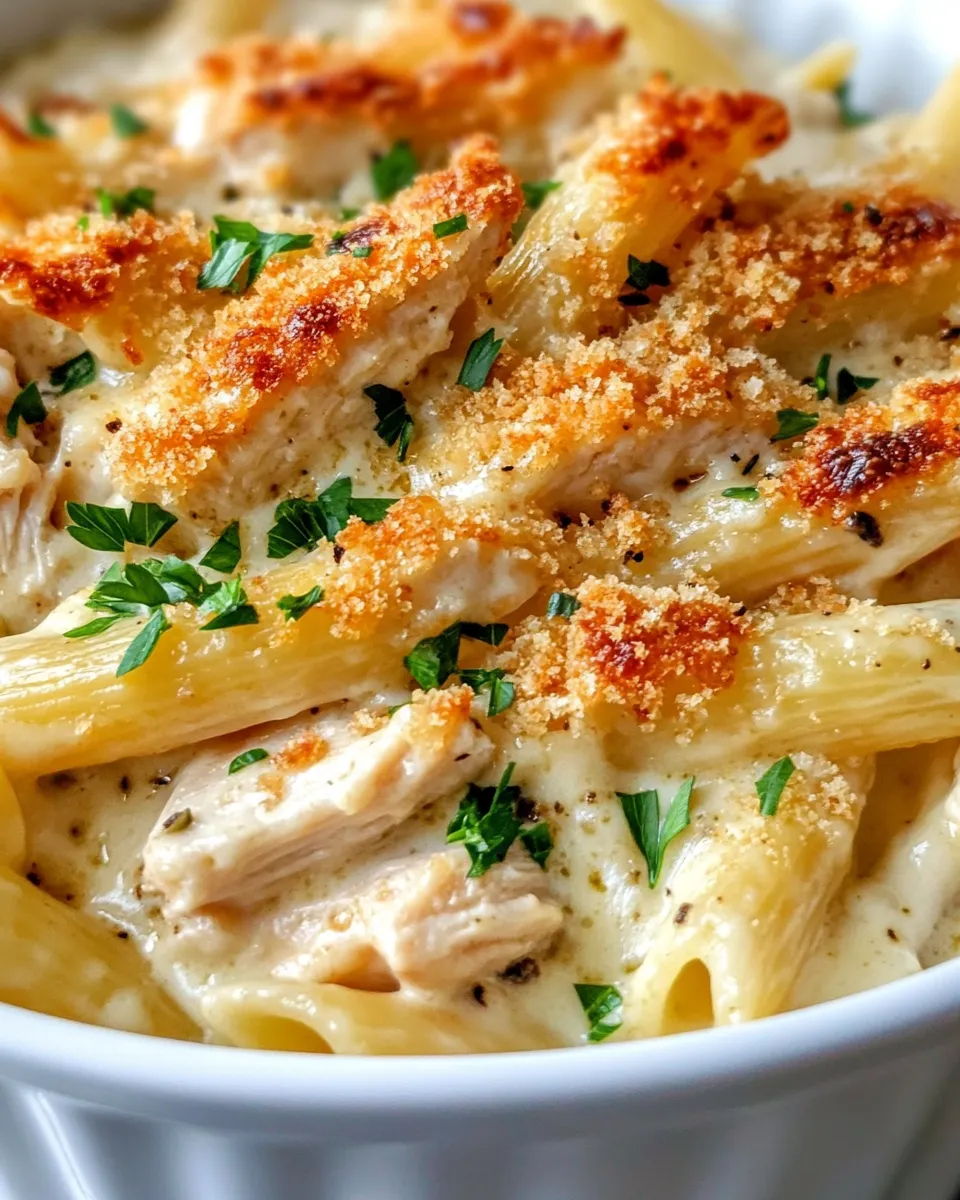 Delicious Baked Chicken Alfredo Penne Casserole dish photo