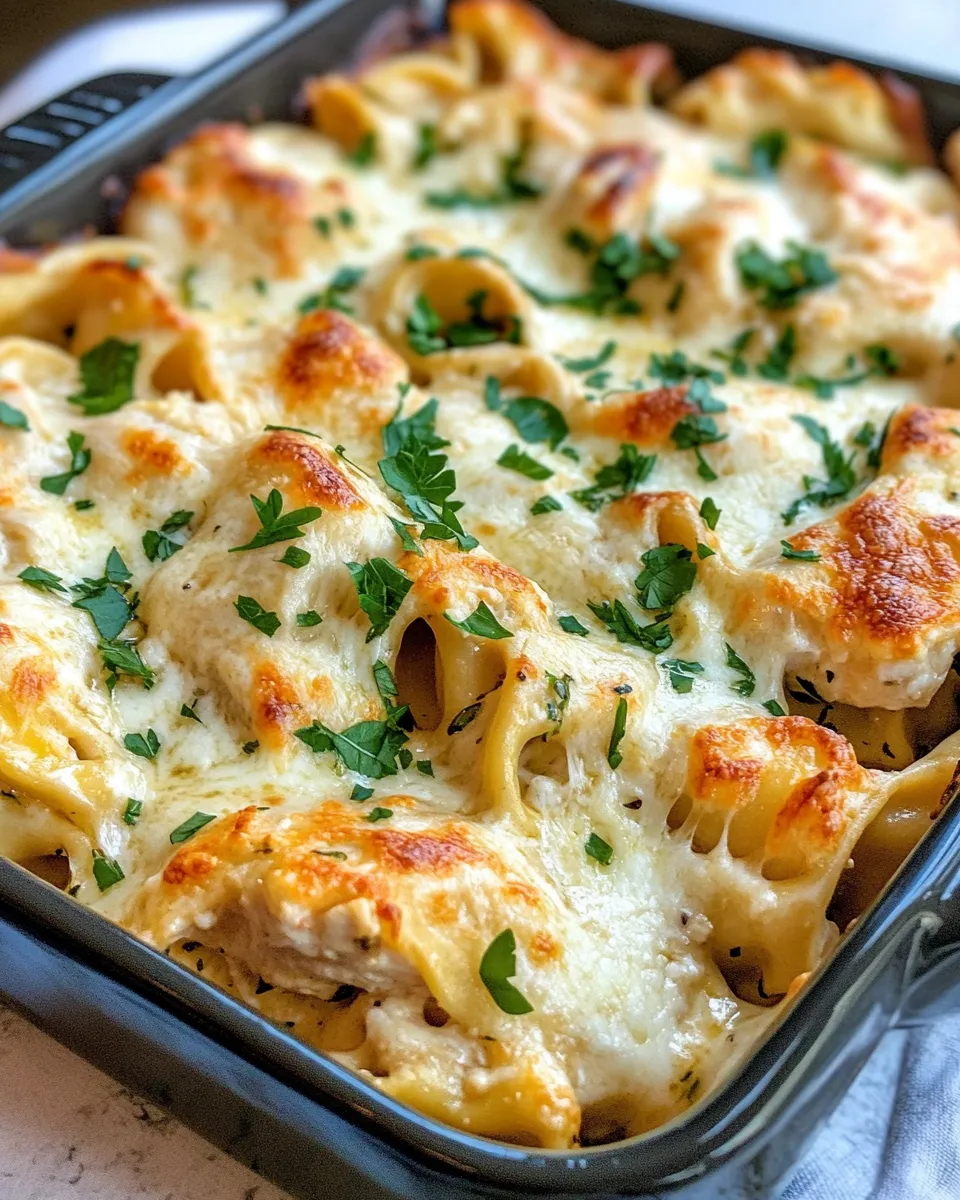 Easy Baked Chicken Alfredo Tortellini food shot