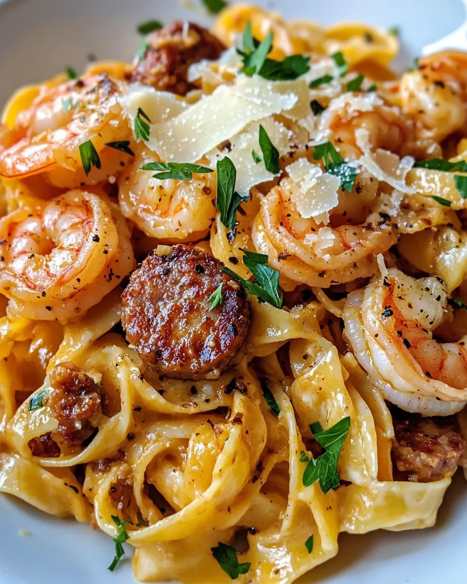 Easy Cheesy Cajun Shrimp and Sausage Pasta food shot