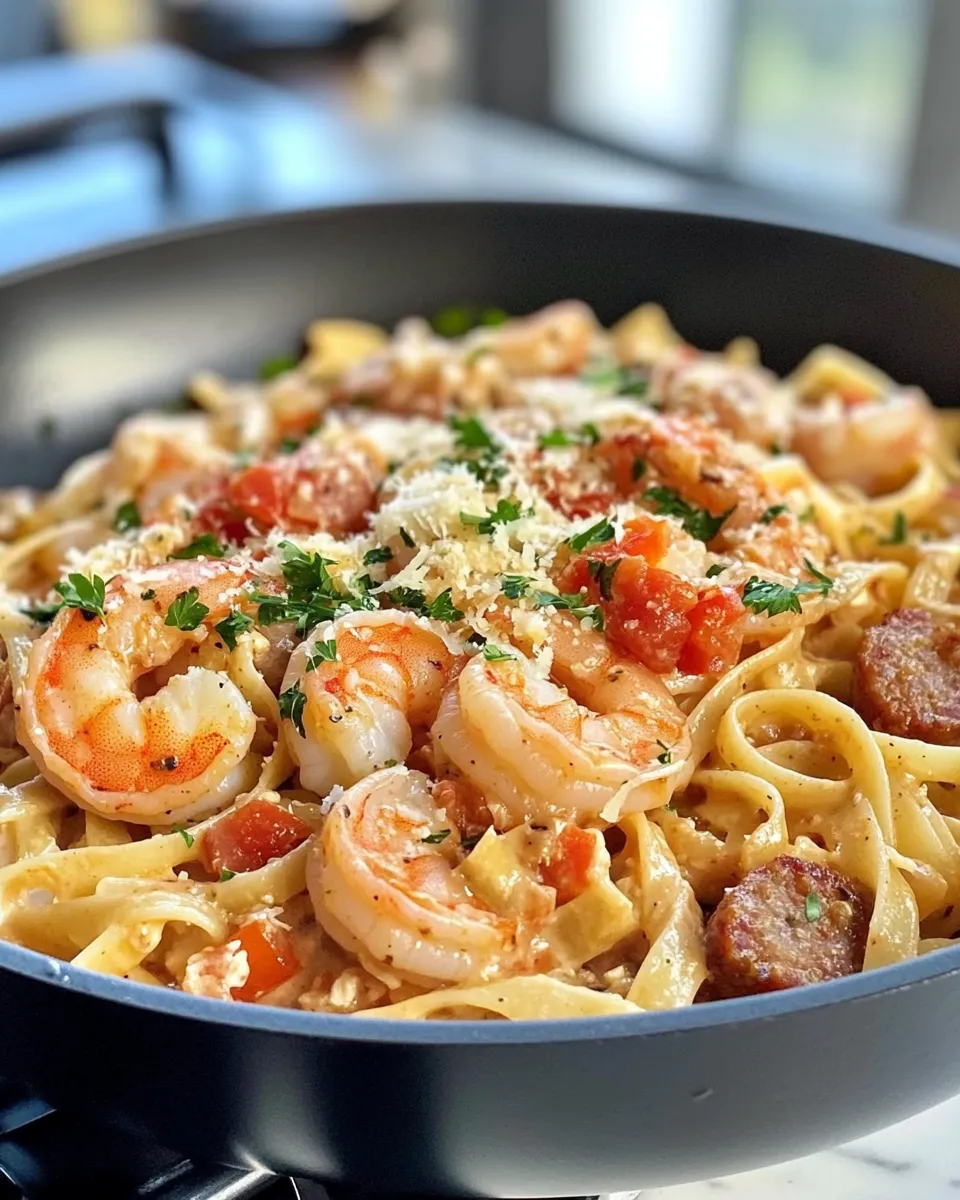 Delicious Cheesy Cajun Shrimp and Sausage Pasta plate image