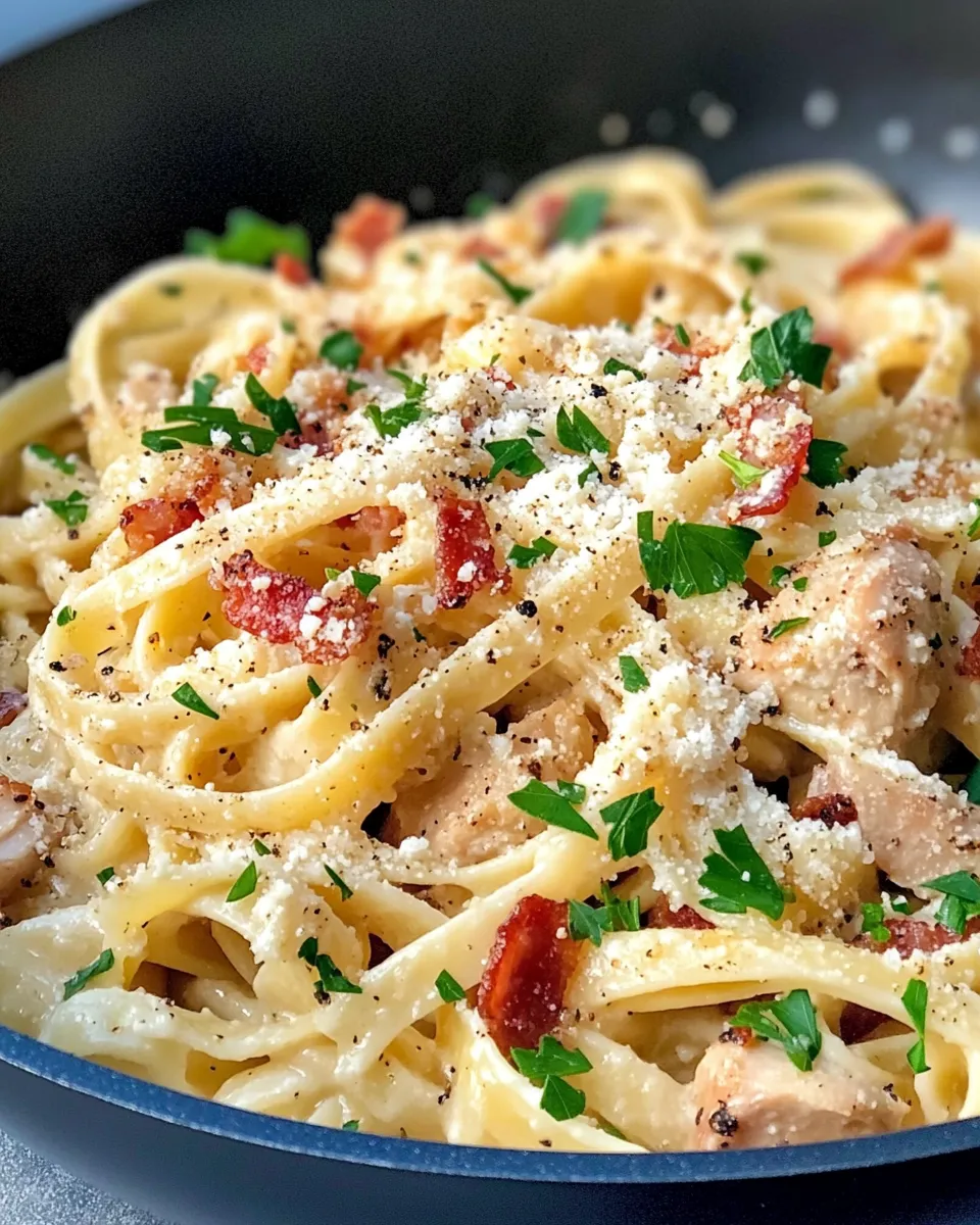 Easy Chicken Carbonara with Crispy Bacon food shot