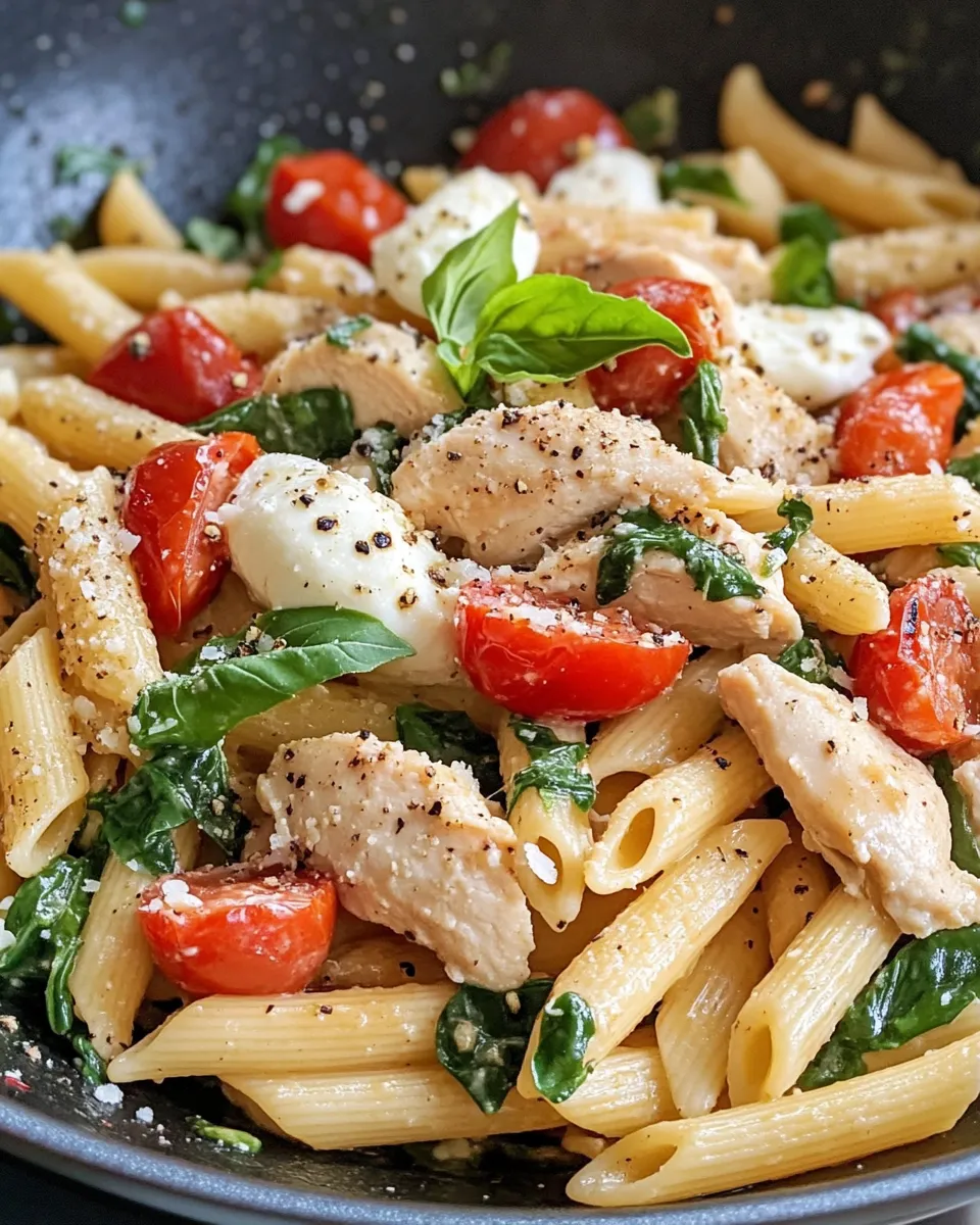 Easy Chicken Mozzarella Penne Skillet food shot