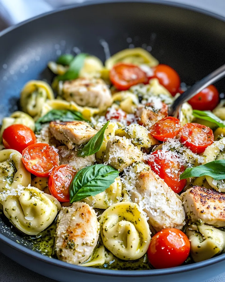 Easy Creamy Chicken Pesto Tortellini food shot