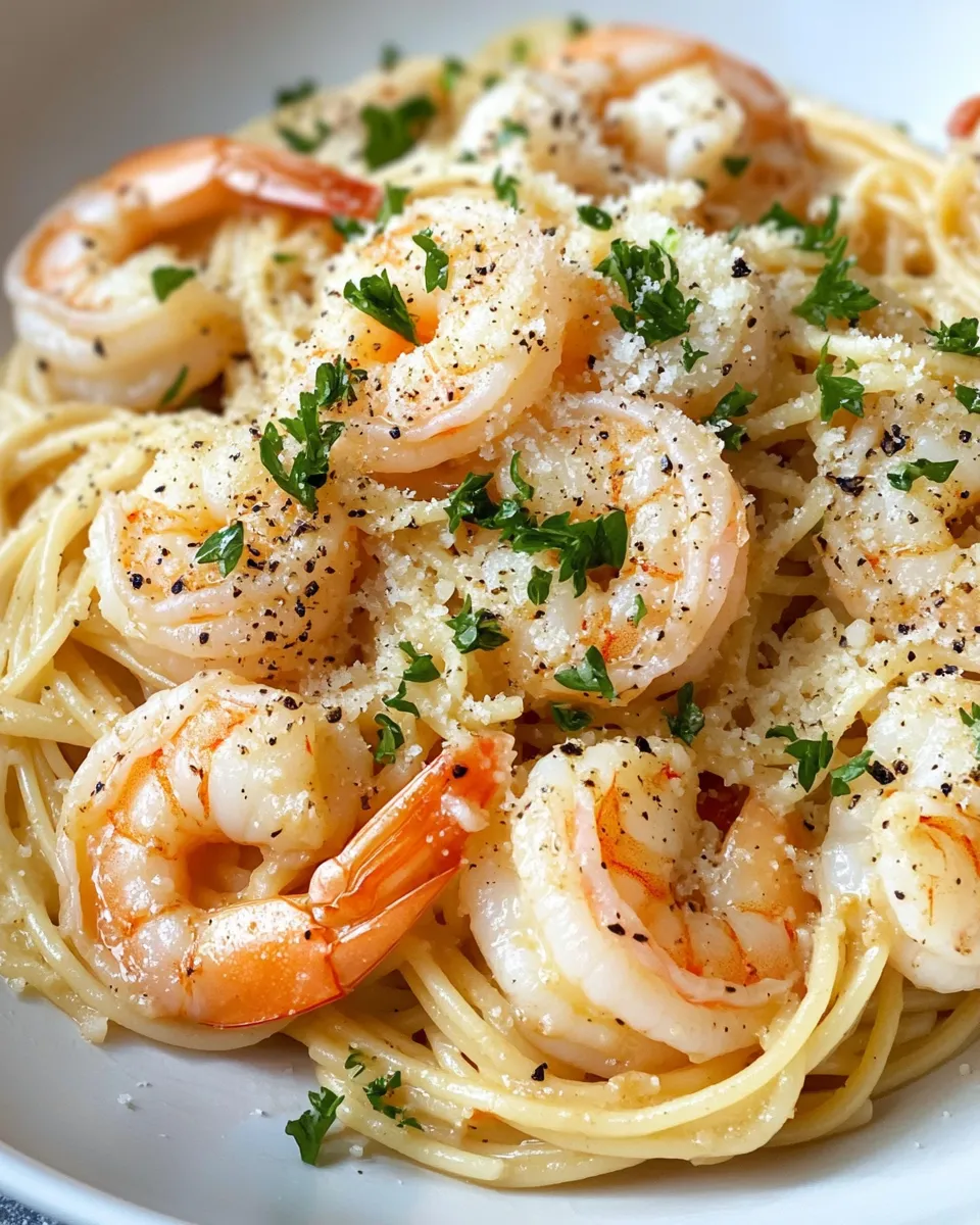 Easy Creamy Garlic Parmesan Shrimp Spaghetti food shot