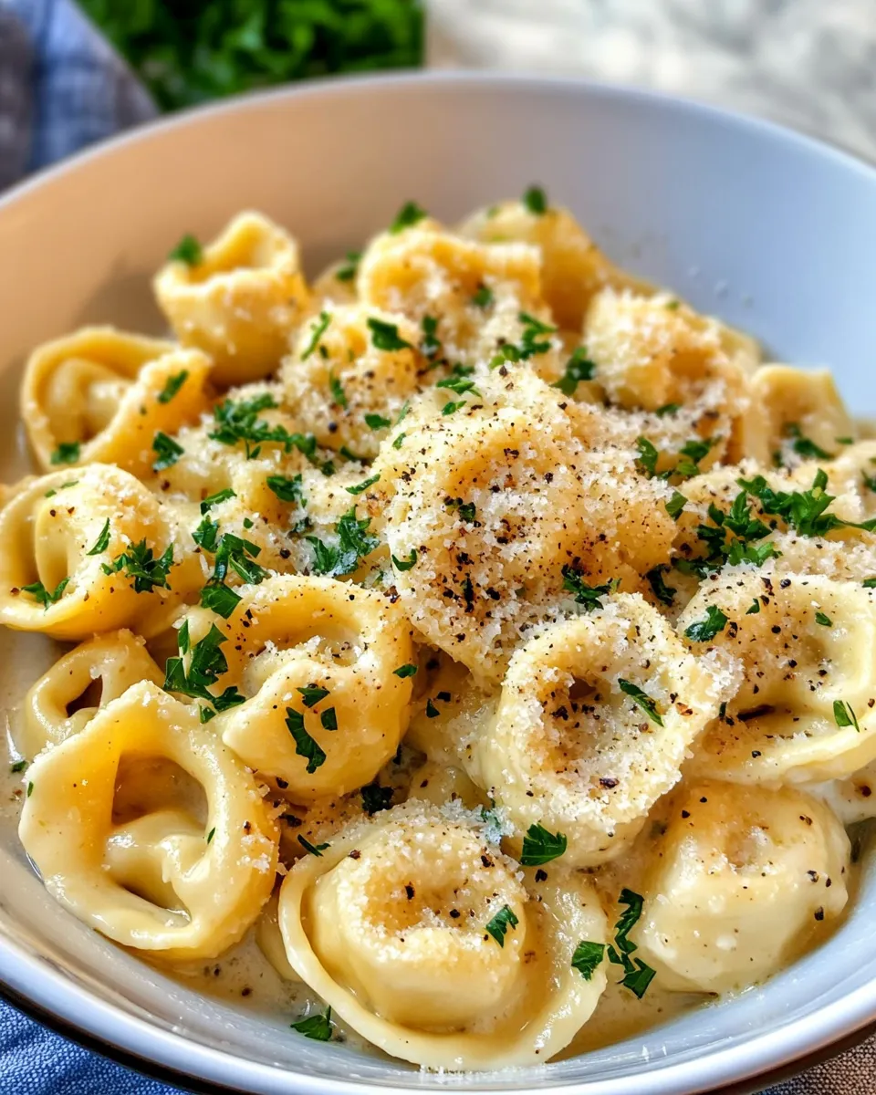 Easy Creamy Garlic Parmesan Tortellini food shot