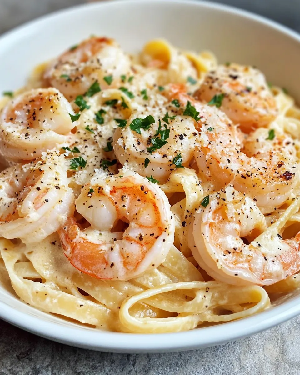 Easy Creamy Garlic Shrimp Alfredo Pasta food shot