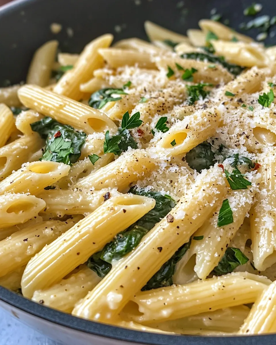 Easy Creamy Garlic Spinach Penne food shot