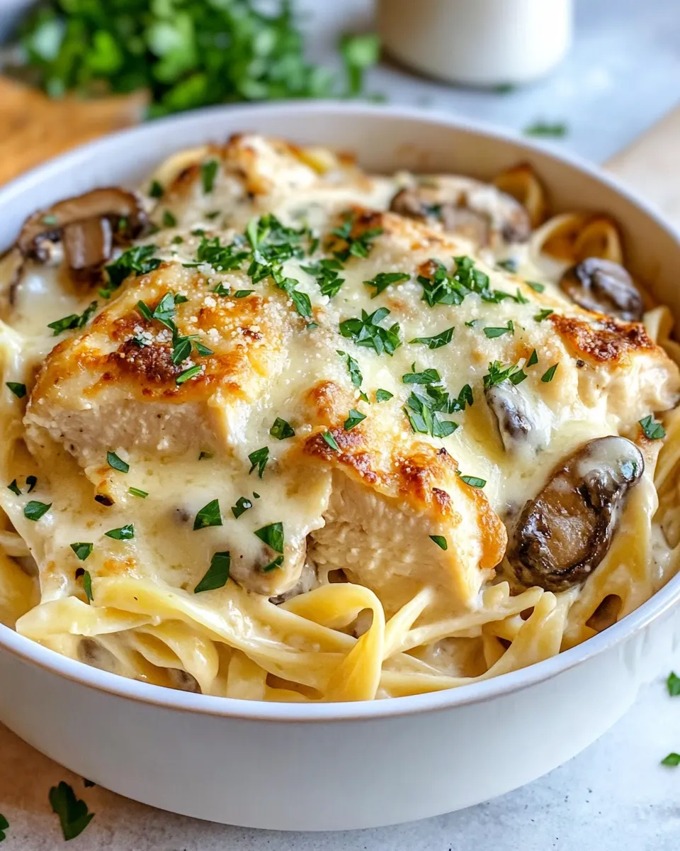 Classic Creamy Mushroom Chicken Alfredo Bake dish photo