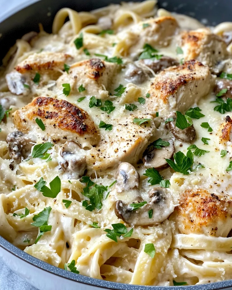 Easy Creamy Mushroom Chicken Alfredo Bake food shot