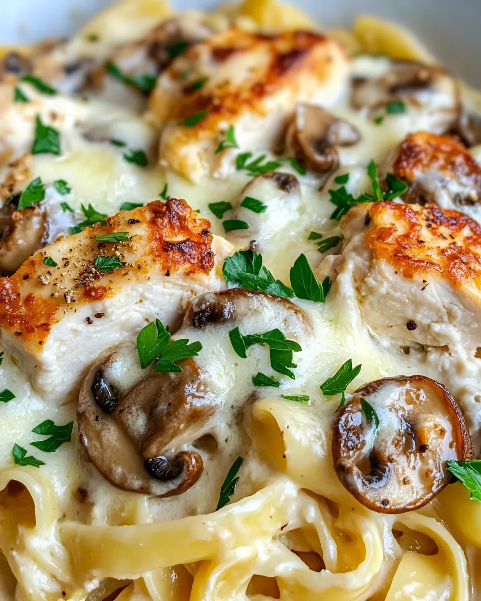 Delicious Creamy Mushroom Chicken Alfredo Bake image