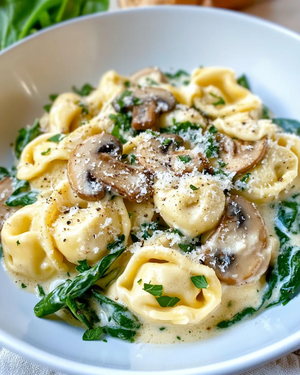 Easy Creamy Mushroom Spinach Tortellini food shot