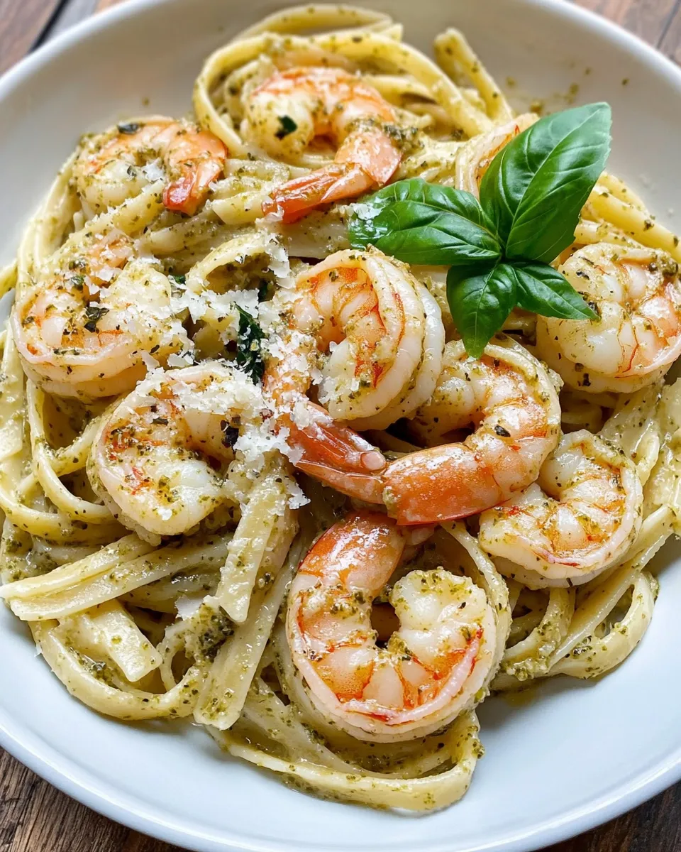 Easy Creamy Pesto Shrimp Linguine food shot