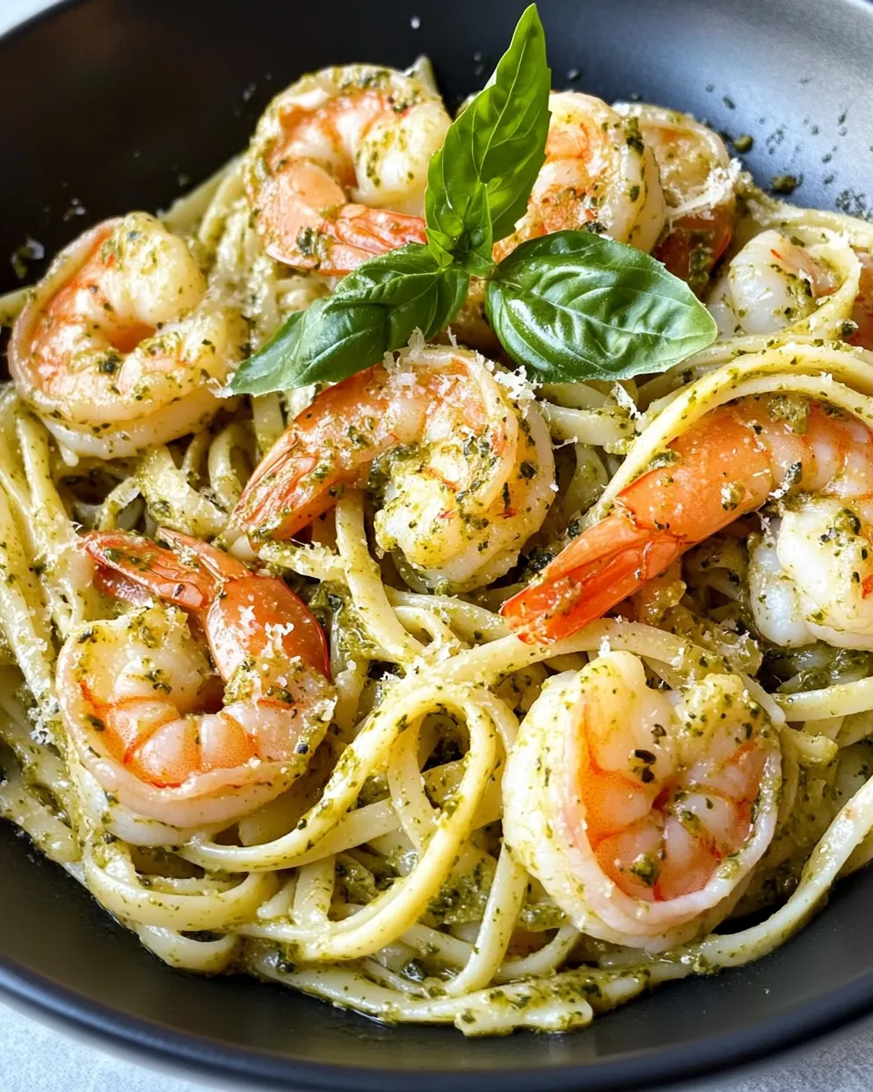 Delicious Creamy Pesto Shrimp Linguine plate image