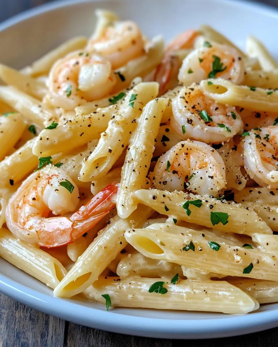 Easy Creamy Shrimp Alfredo Penne food shot