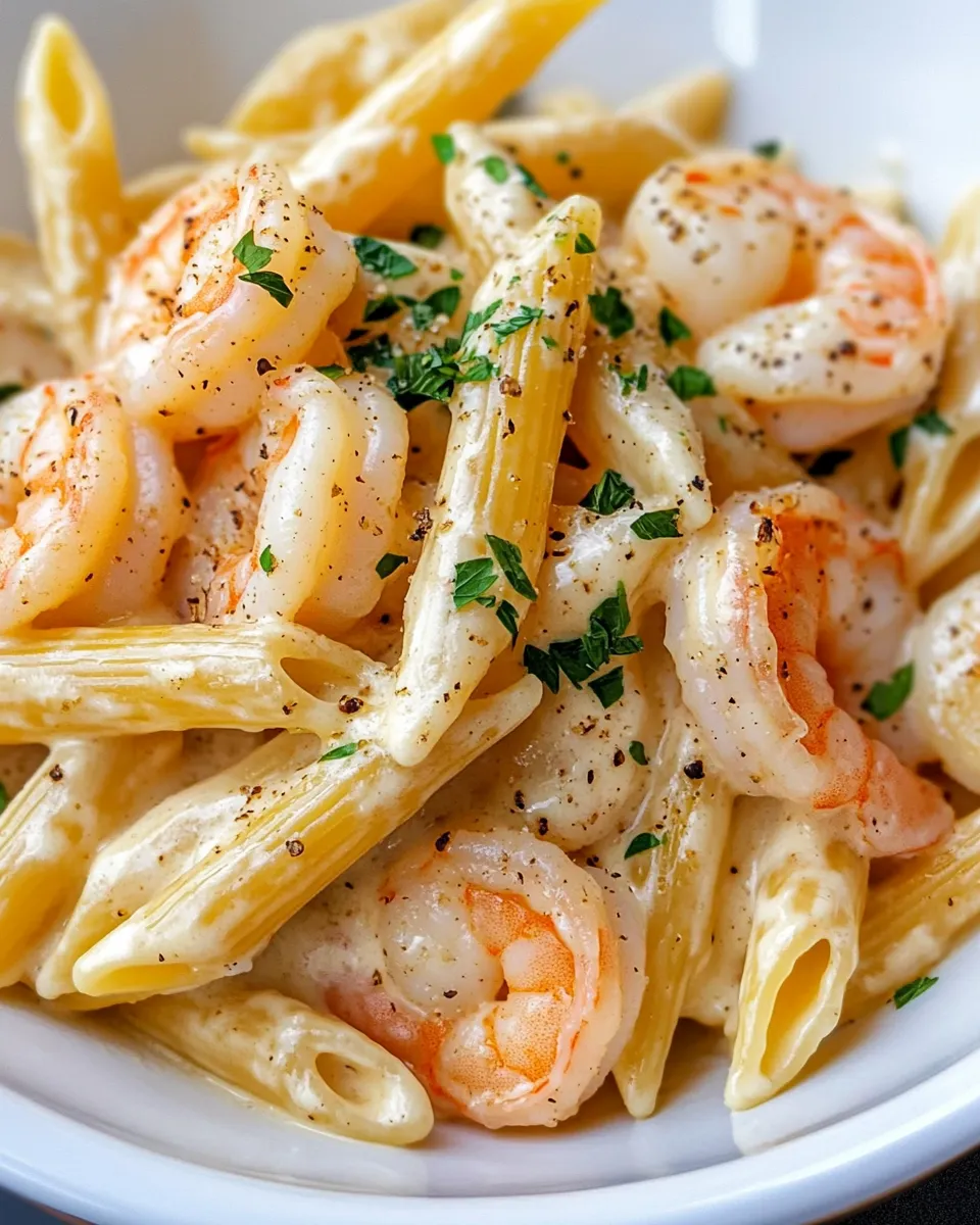 Delicious Creamy Shrimp Alfredo Penne plate image