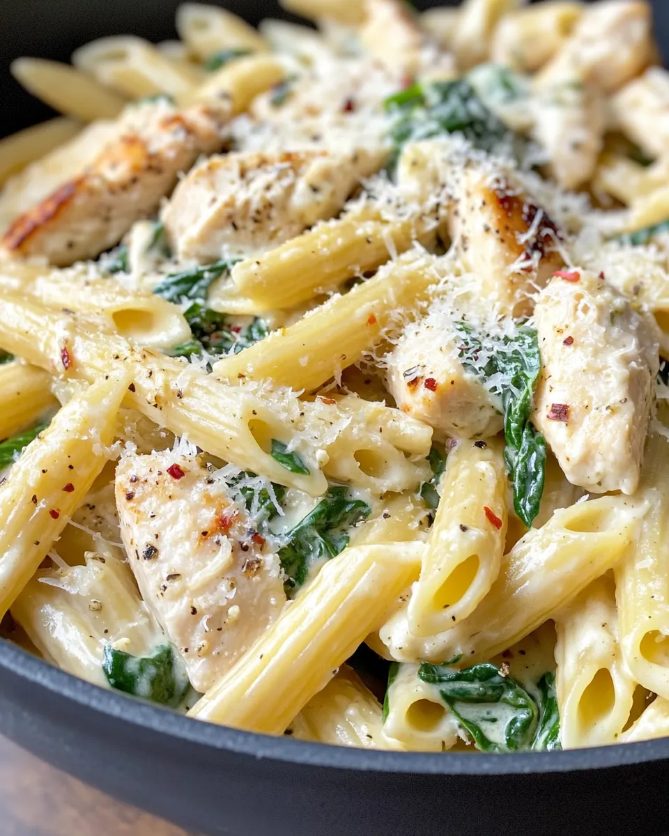 Easy Creamy Spinach Artichoke Chicken Pasta food shot