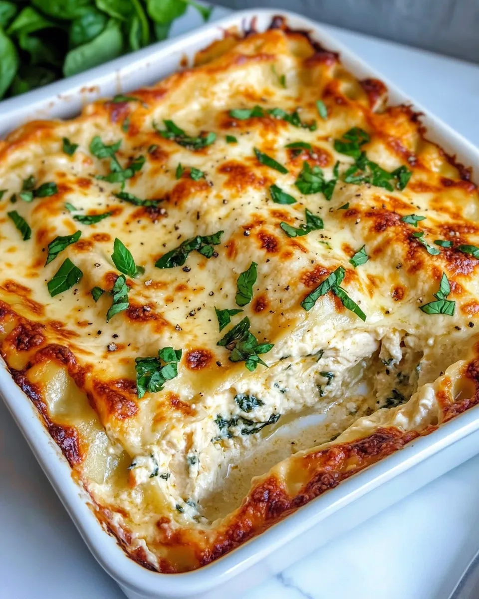 Delicious Creamy White Lasagna with Chicken food shot