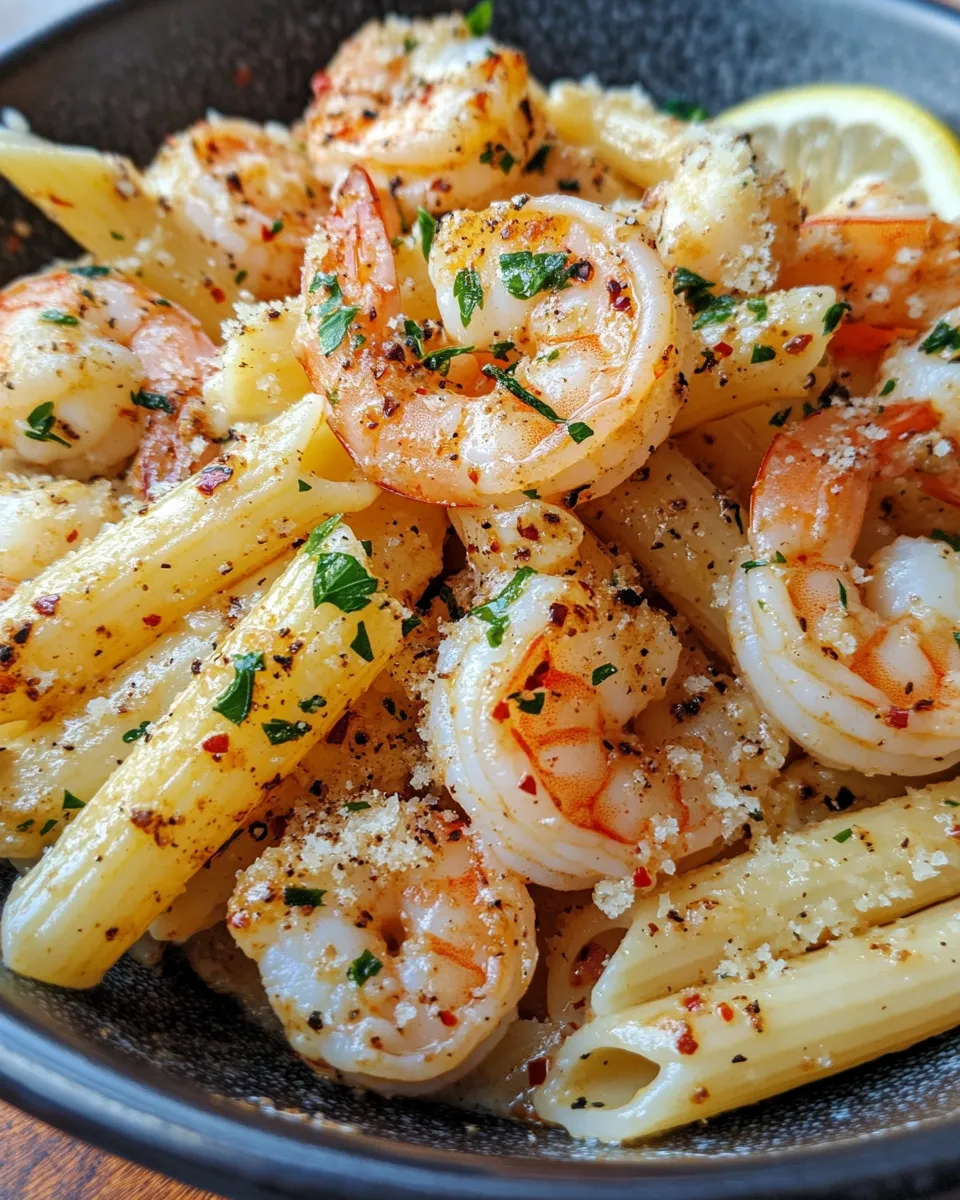 Easy Garlic Butter Shrimp Penne food shot