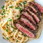 Homemade Garlic Butter Steak Alfredo Pasta recipe photo