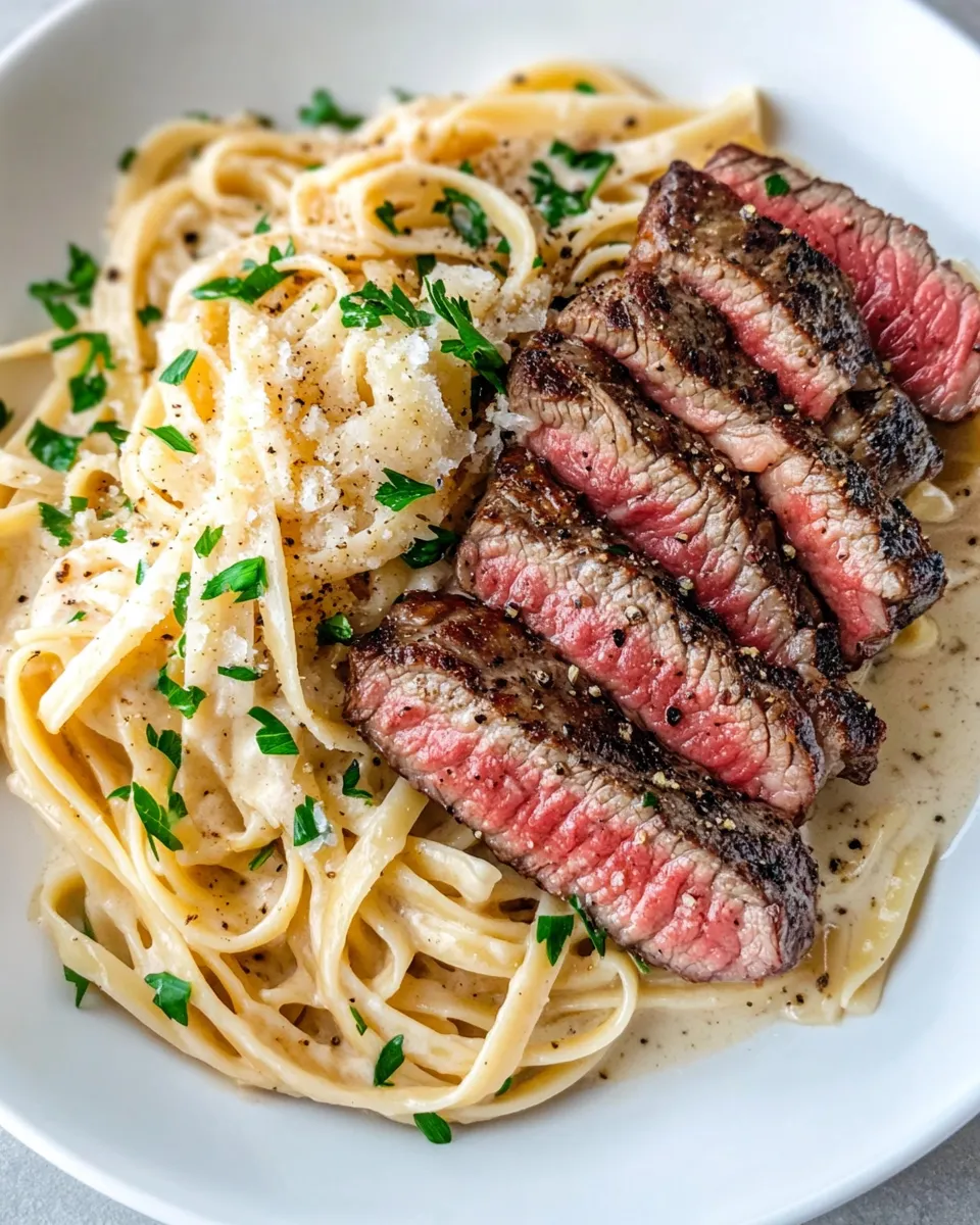 Homemade Garlic Butter Steak Alfredo Pasta recipe photo
