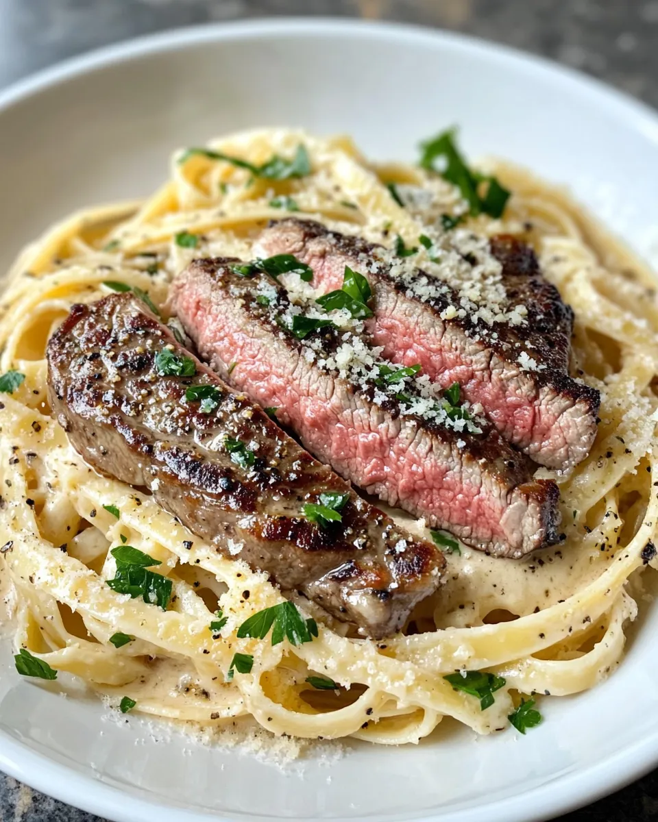 Easy Garlic Butter Steak Alfredo Pasta food shot
