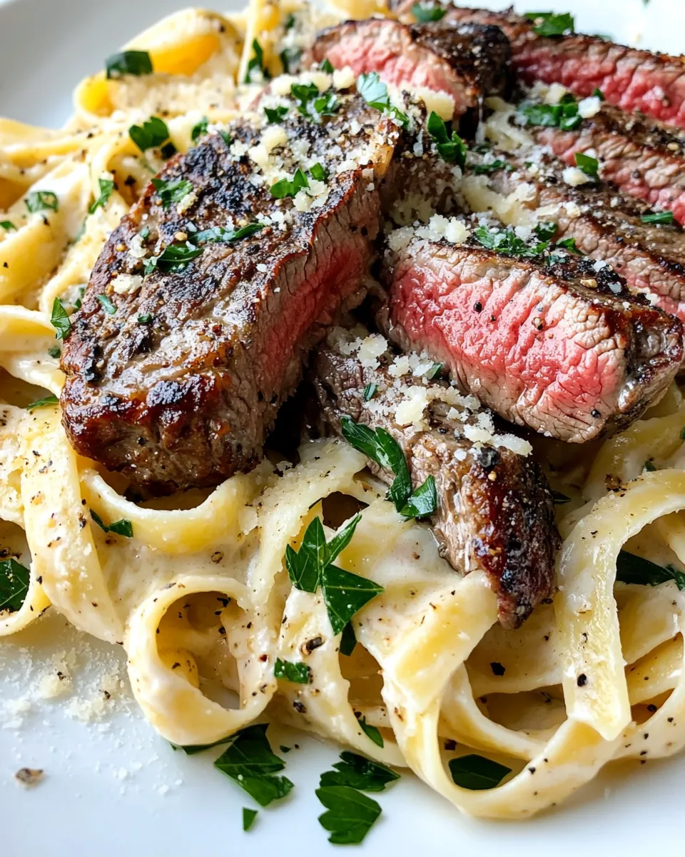 Delicious Garlic Butter Steak Alfredo Pasta plate image