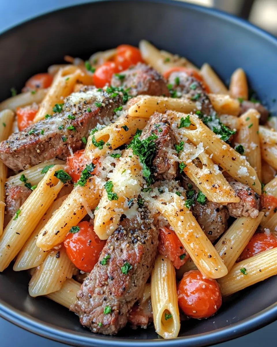 Delicious Garlic Butter Steak Pasta Bake food shot
