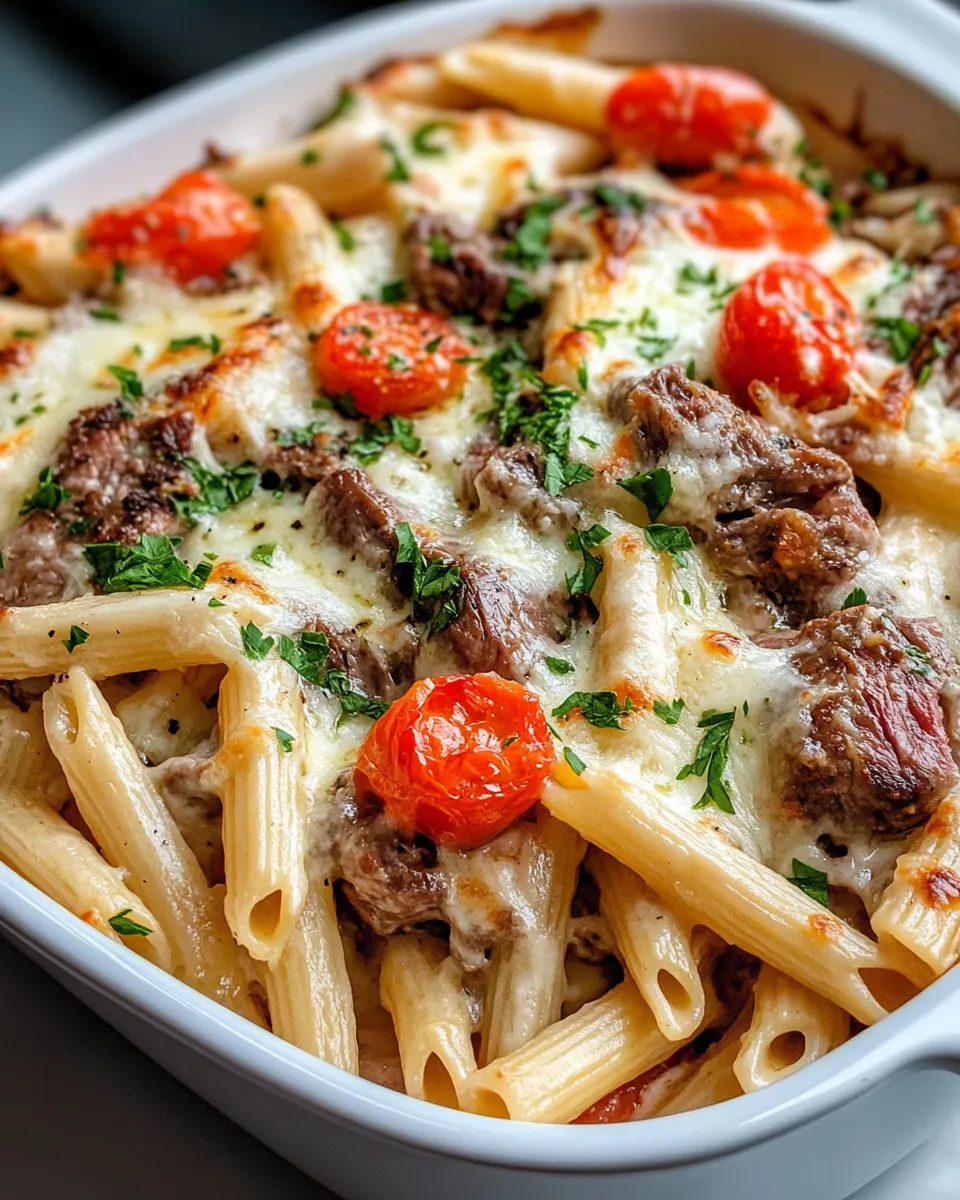 Easy Garlic Butter Steak Penne Bake dish photo