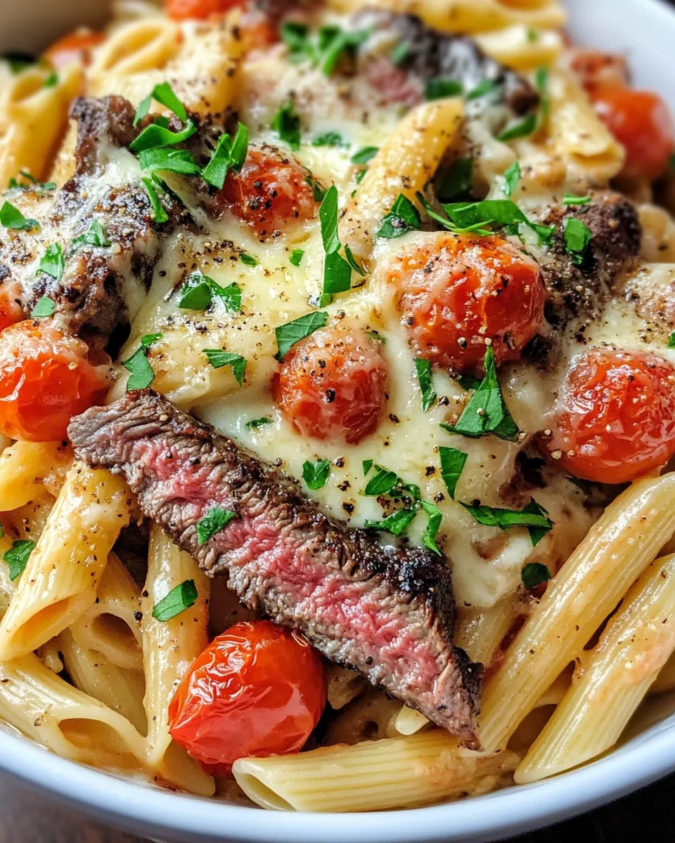 Classic Garlic Butter Steak Penne Bake plate image
