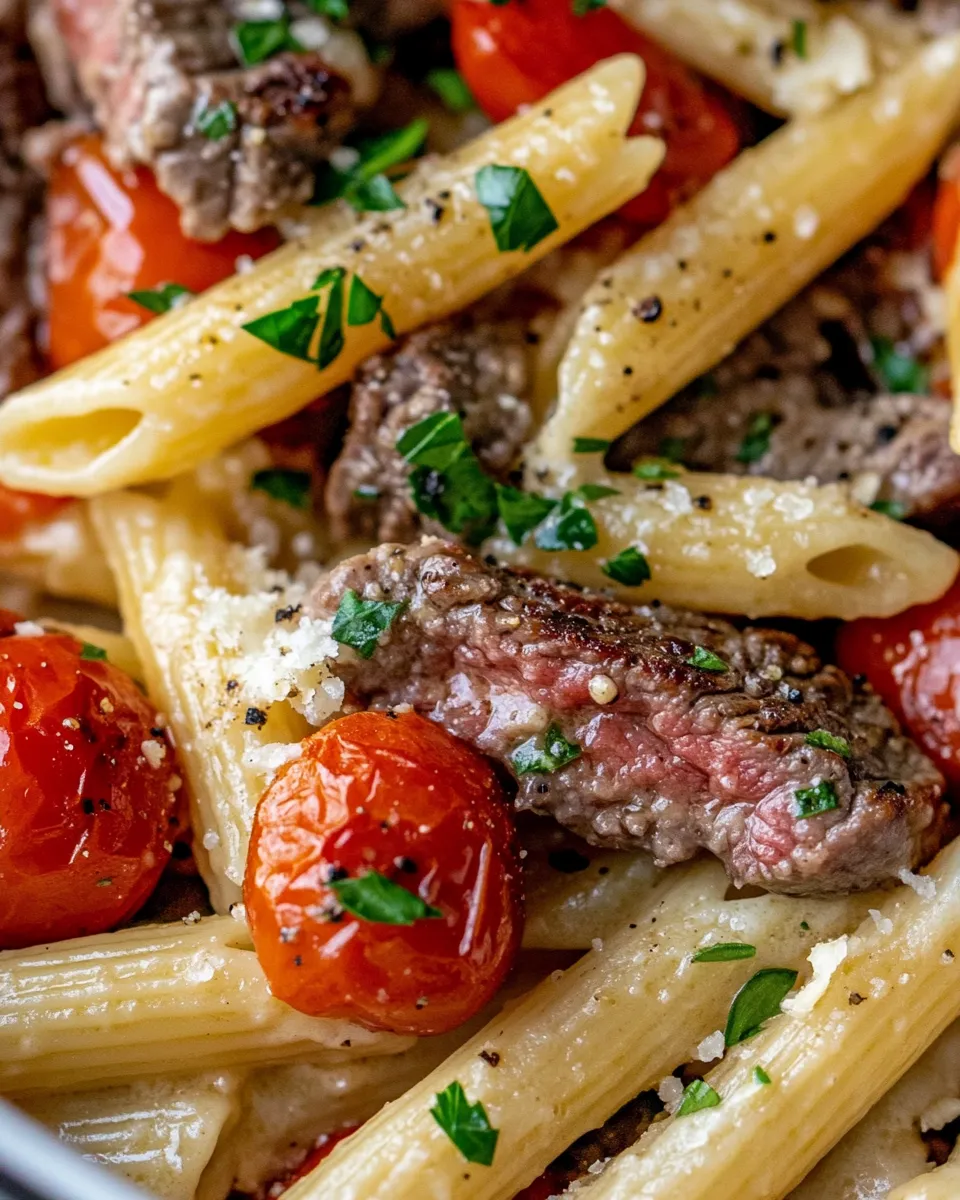 Homemade Garlic Butter Steak Penne Bake food shot