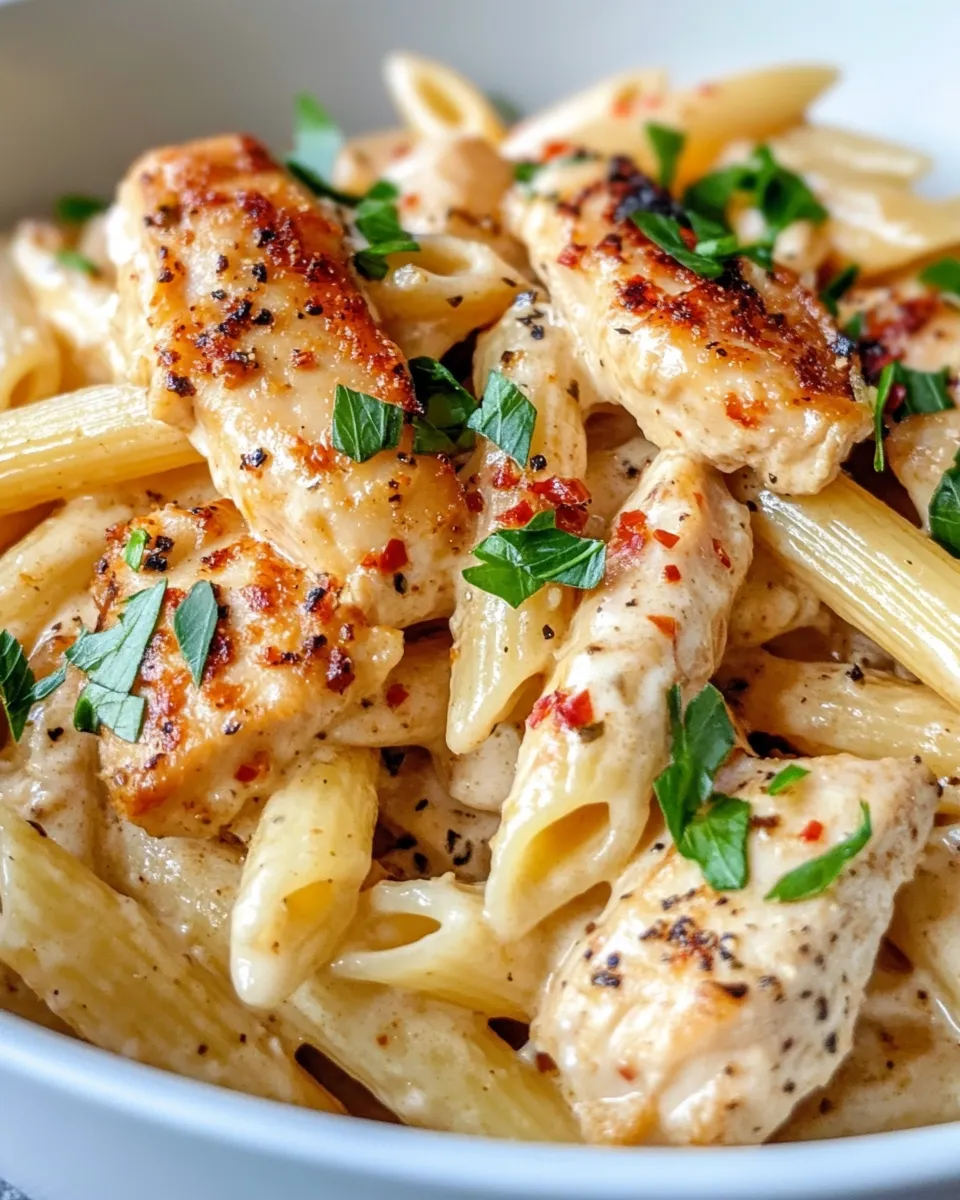 Easy Spicy Chicken Alfredo Penne food shot