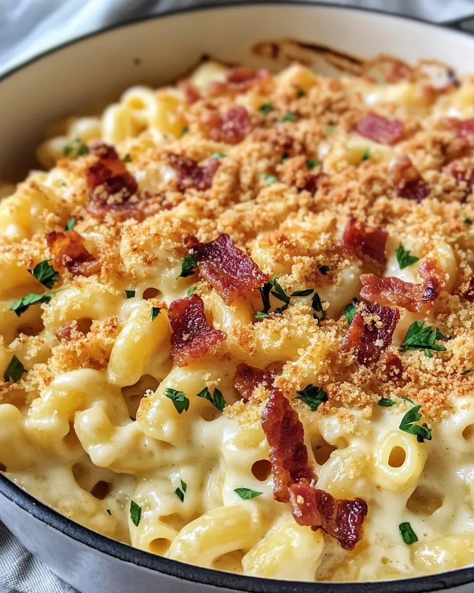 Easy White Cheddar Bacon Mac and Cheese food shot