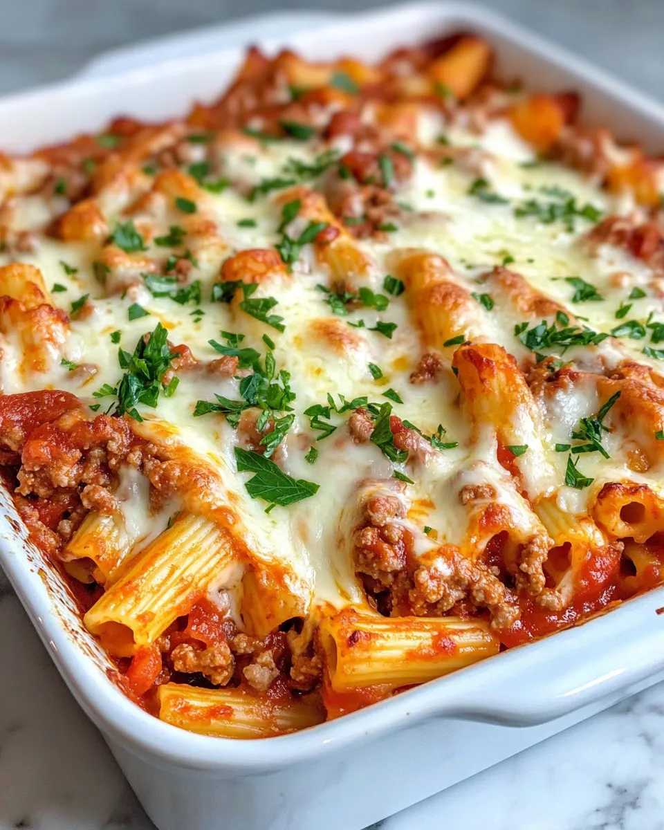 Easy Beefy Baked Ziti Casserole food shot