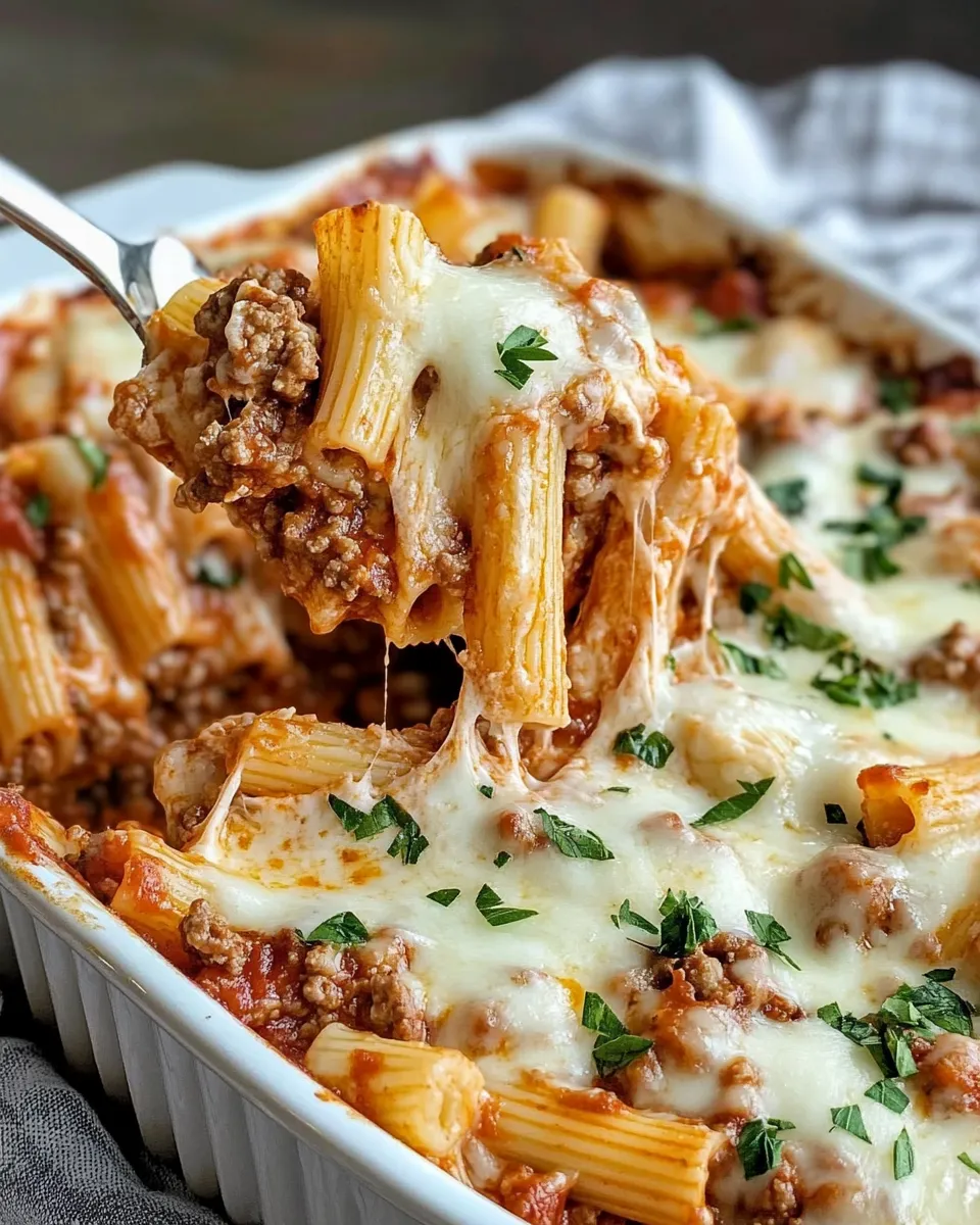 Delicious Beefy Baked Ziti Casserole plate image