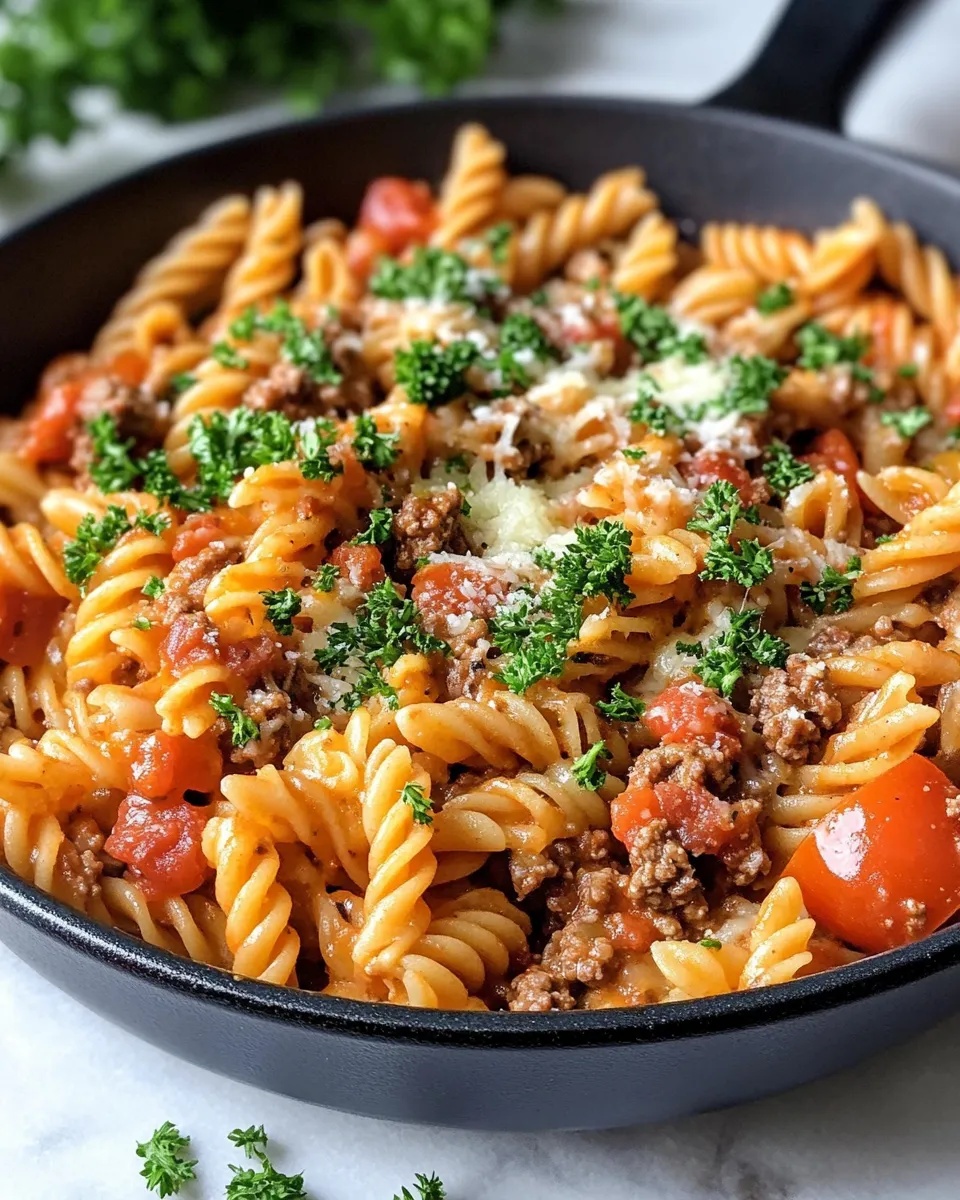 Easy Cheesy Ground Beef Pasta Skillet food shot