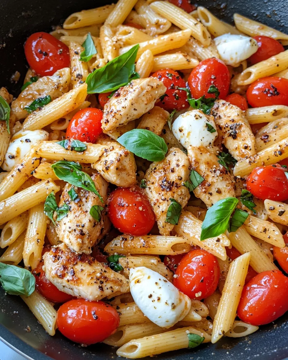 Easy Chicken Caprese Pasta Skillet food shot