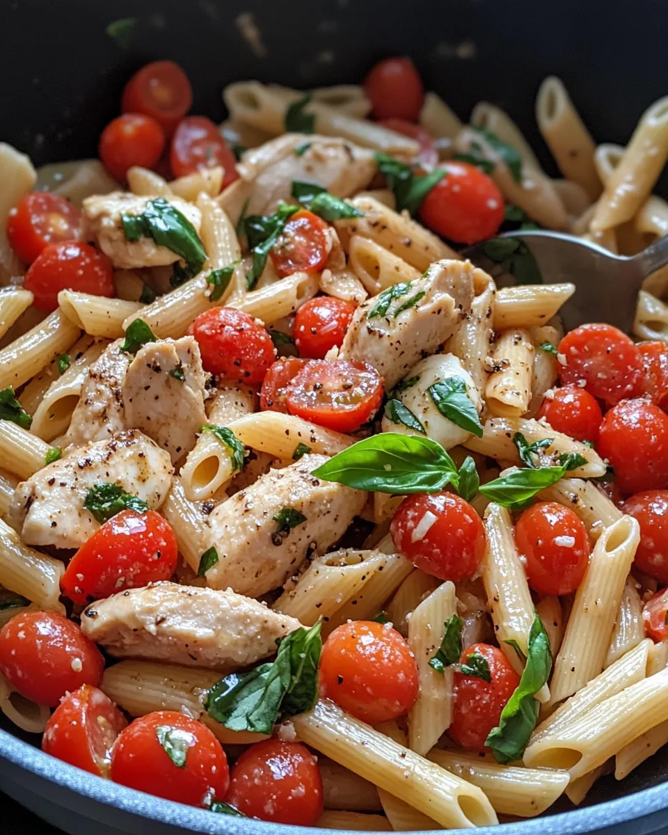 Delicious Chicken Caprese Pasta Skillet plate image