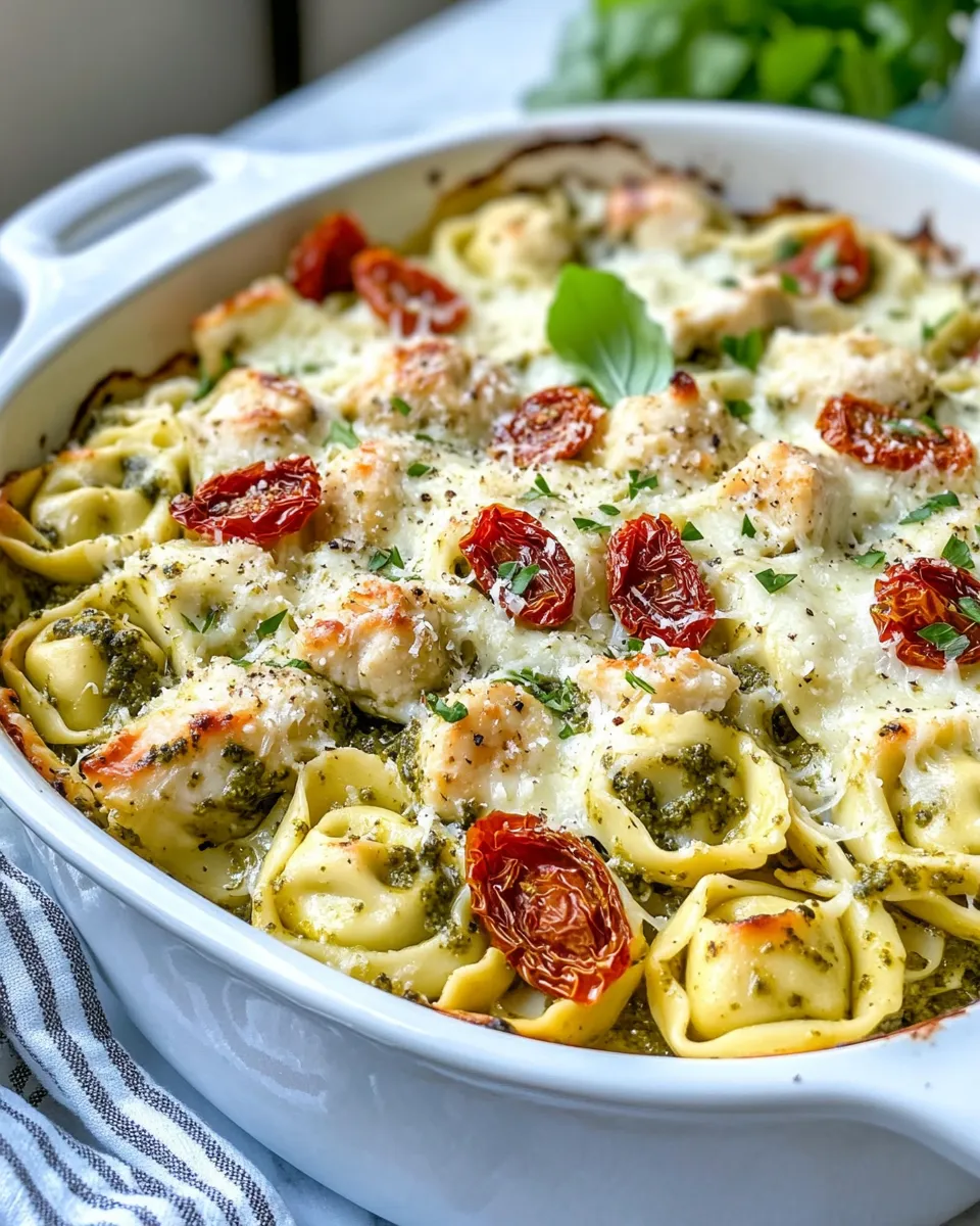 Delicious Chicken Pesto Tortellini Bake plate image