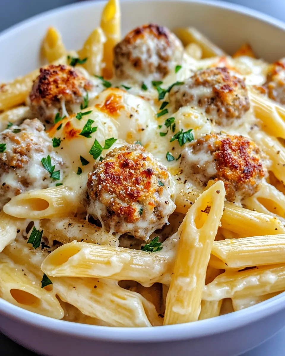 Homemade Creamy Baked Meatball Alfredo Pasta recipe photo
