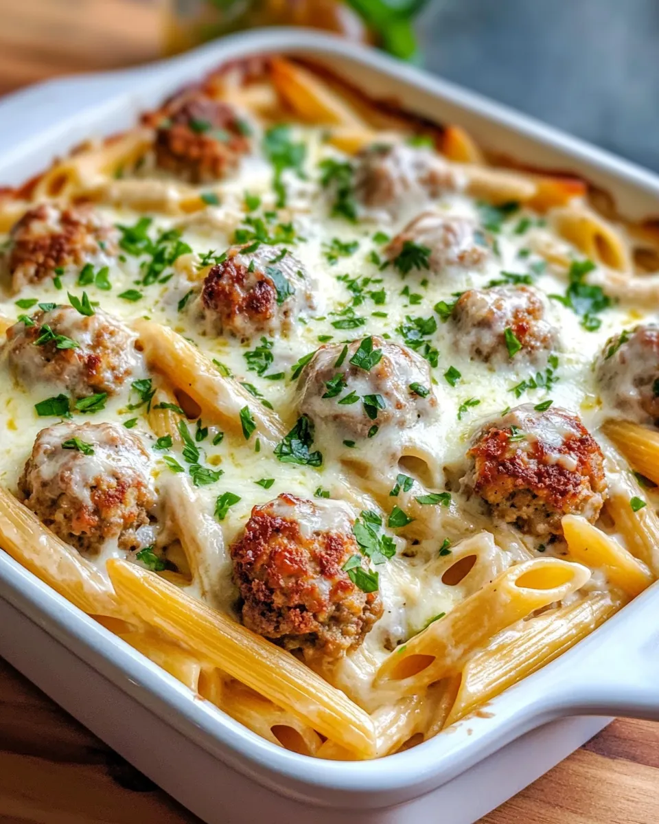 Easy Creamy Baked Meatball Alfredo Pasta food shot
