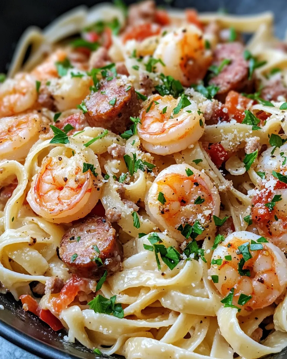 Easy Creamy Cajun Shrimp and Sausage Pasta food shot