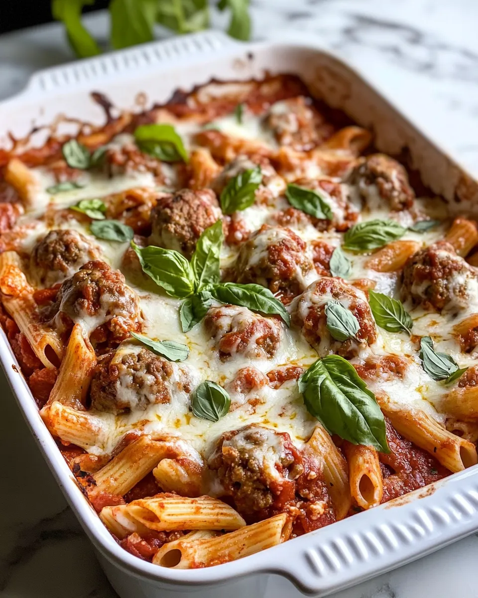 Easy Creamy Meatball Pasta Bake food shot