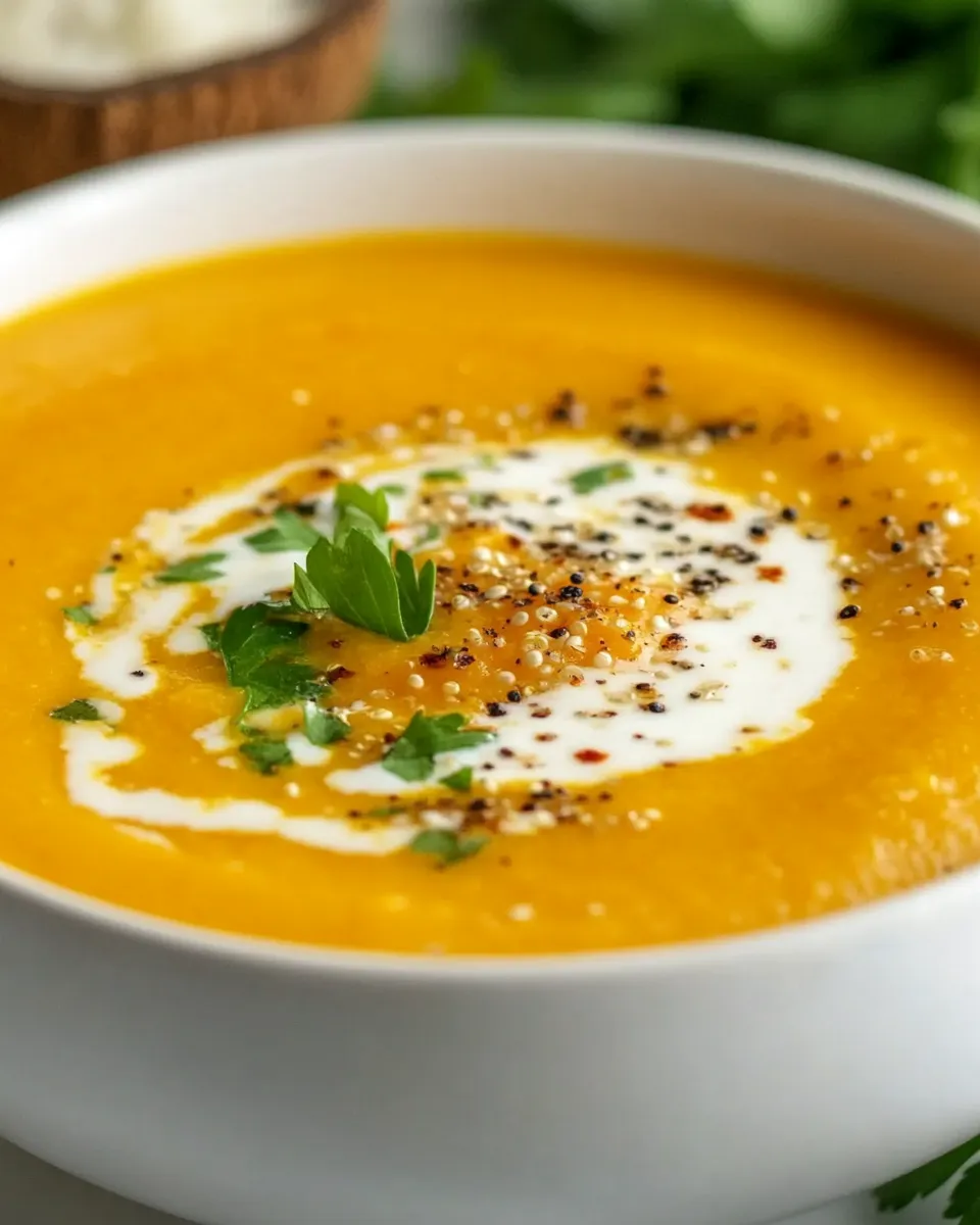 Homemade Creamy Roasted Carrot and Coconut Milk Soup with Quinoa recipe photo