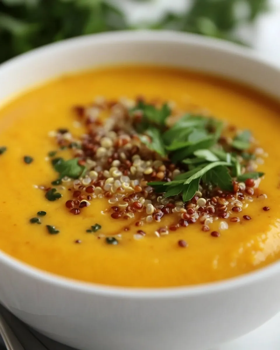 Easy Creamy Roasted Carrot and Coconut Milk Soup with Quinoa food shot