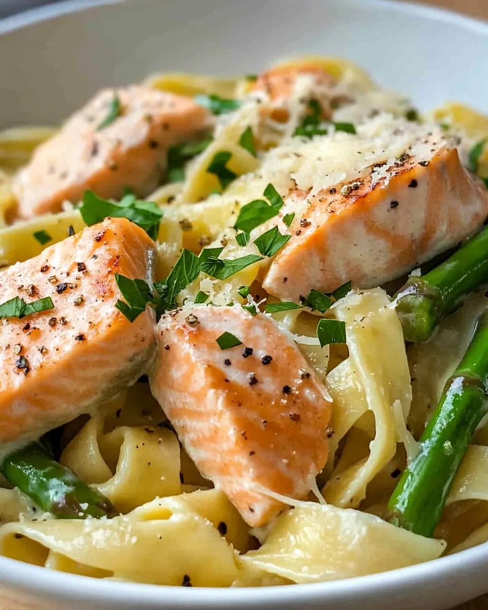 Easy Creamy Salmon and Asparagus Pasta dish photo
