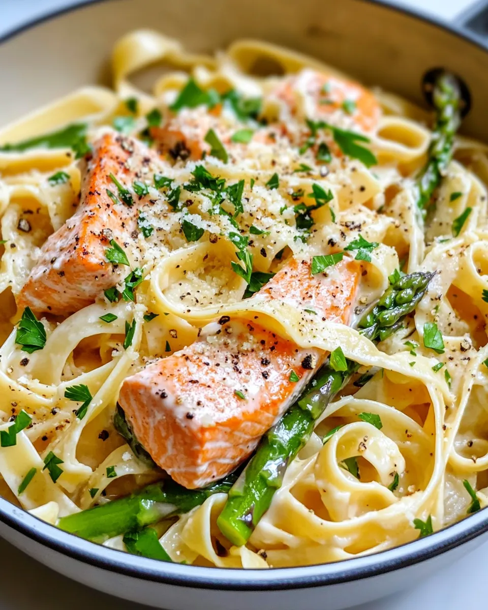 Delicious Creamy Salmon and Asparagus Pasta food shot