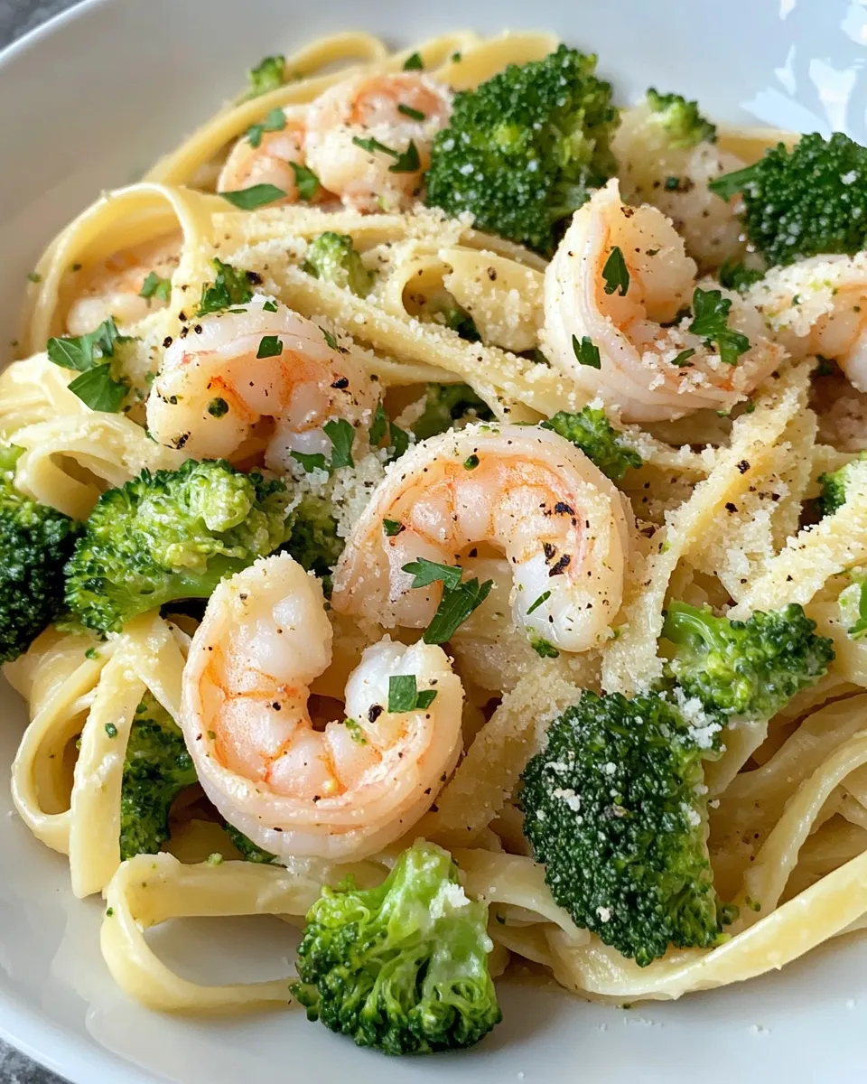 Easy Creamy Shrimp and Broccoli Pasta food shot